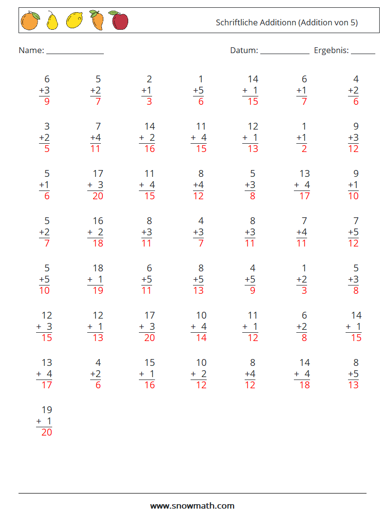 (50) Schriftliche Additionn (Addition von 5) Mathe-Arbeitsblätter 12 Frage, Antwort