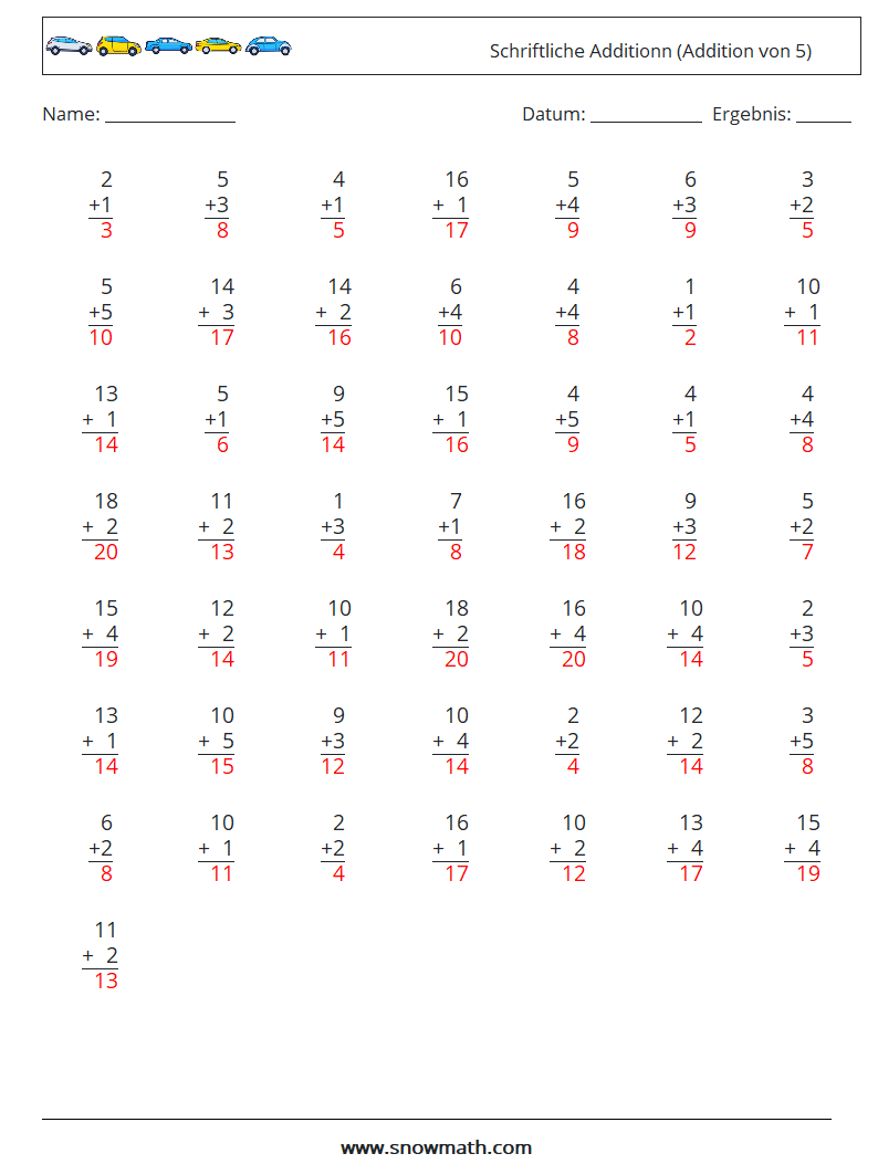 (50) Schriftliche Additionn (Addition von 5) Mathe-Arbeitsblätter 13 Frage, Antwort