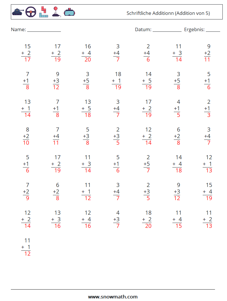 (50) Schriftliche Additionn (Addition von 5) Mathe-Arbeitsblätter 14 Frage, Antwort