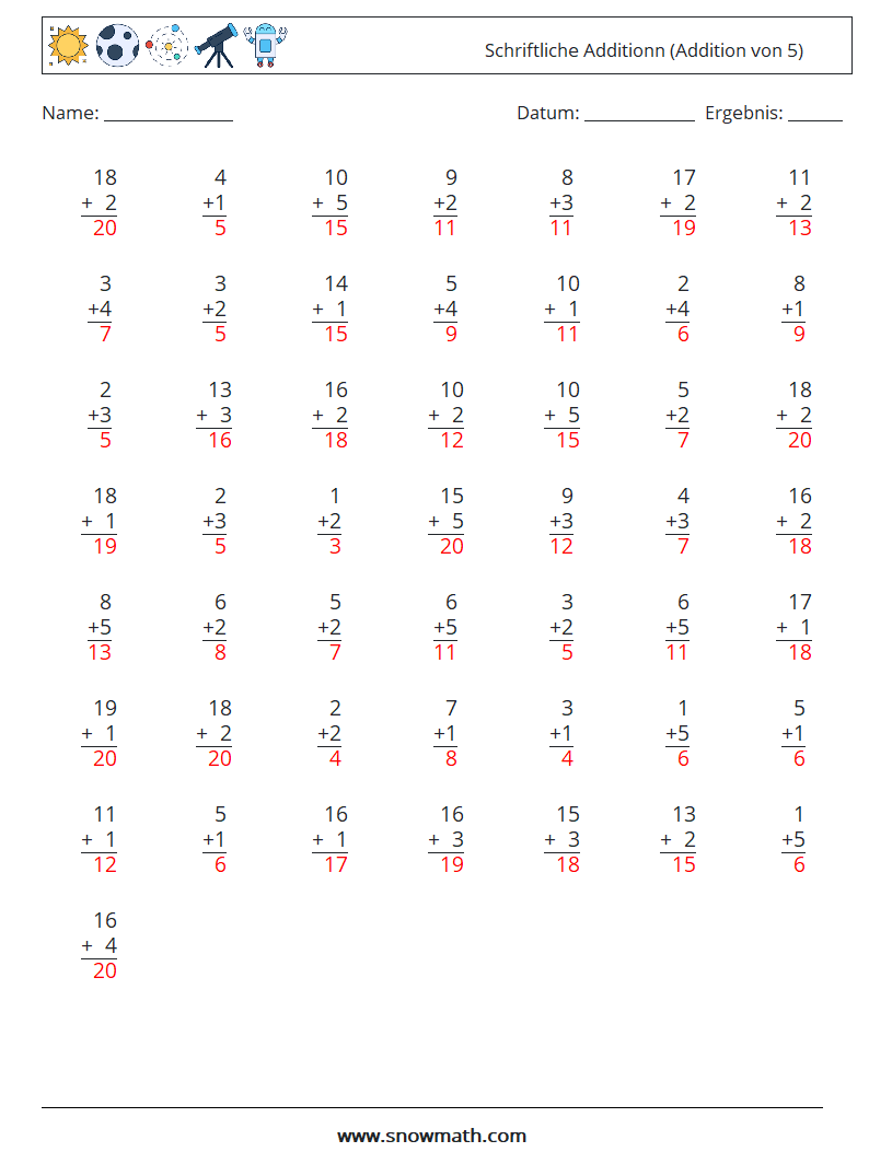 (50) Schriftliche Additionn (Addition von 5) Mathe-Arbeitsblätter 16 Frage, Antwort