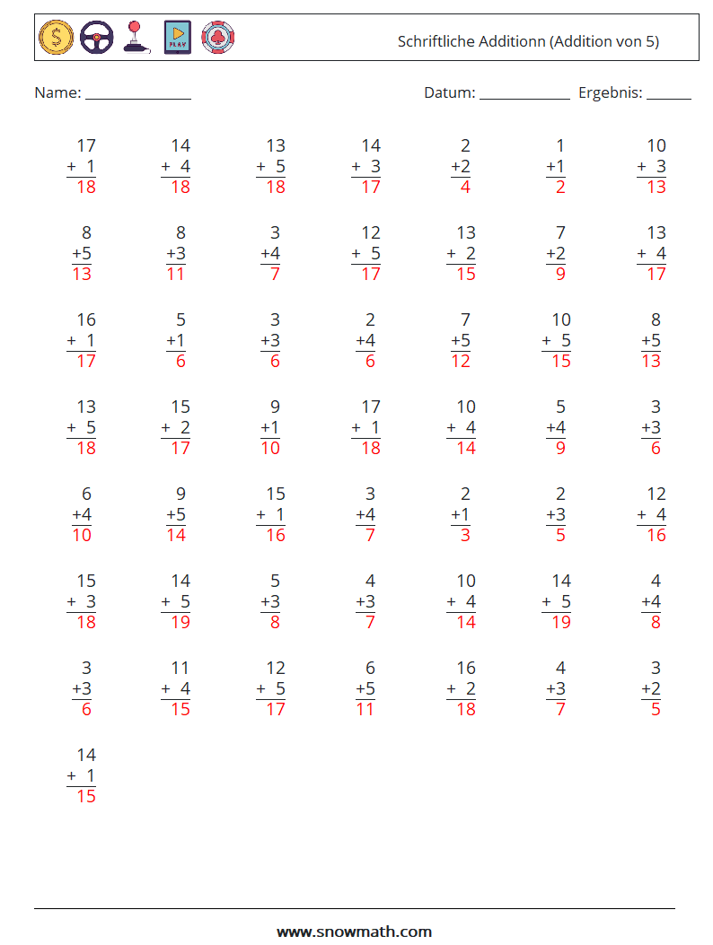 (50) Schriftliche Additionn (Addition von 5) Mathe-Arbeitsblätter 17 Frage, Antwort