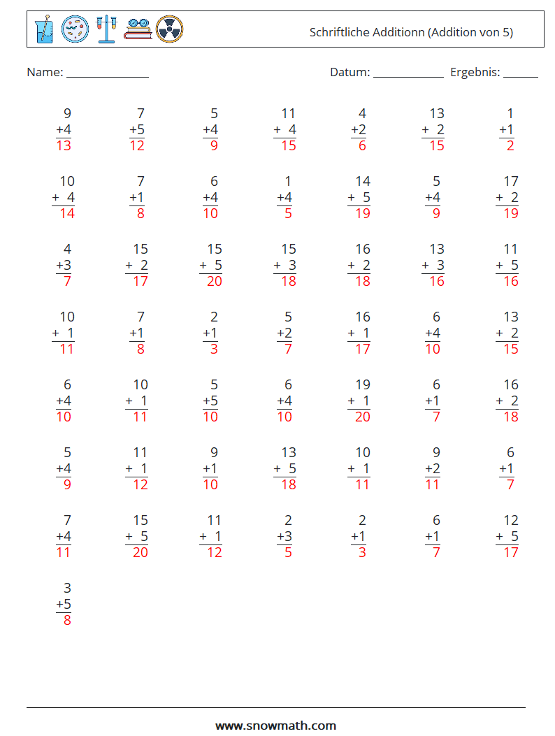 (50) Schriftliche Additionn (Addition von 5) Mathe-Arbeitsblätter 18 Frage, Antwort