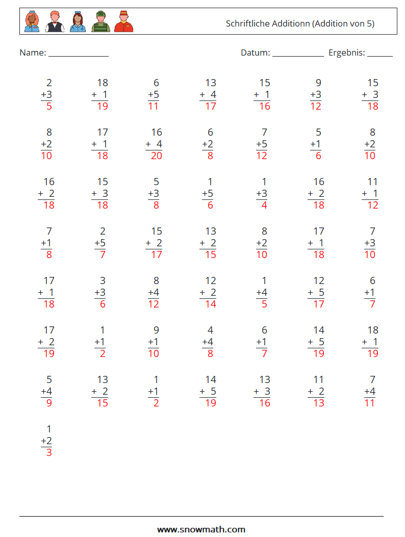 (50) Schriftliche Additionn (Addition von 5) Mathe-Arbeitsblätter 2 Frage, Antwort