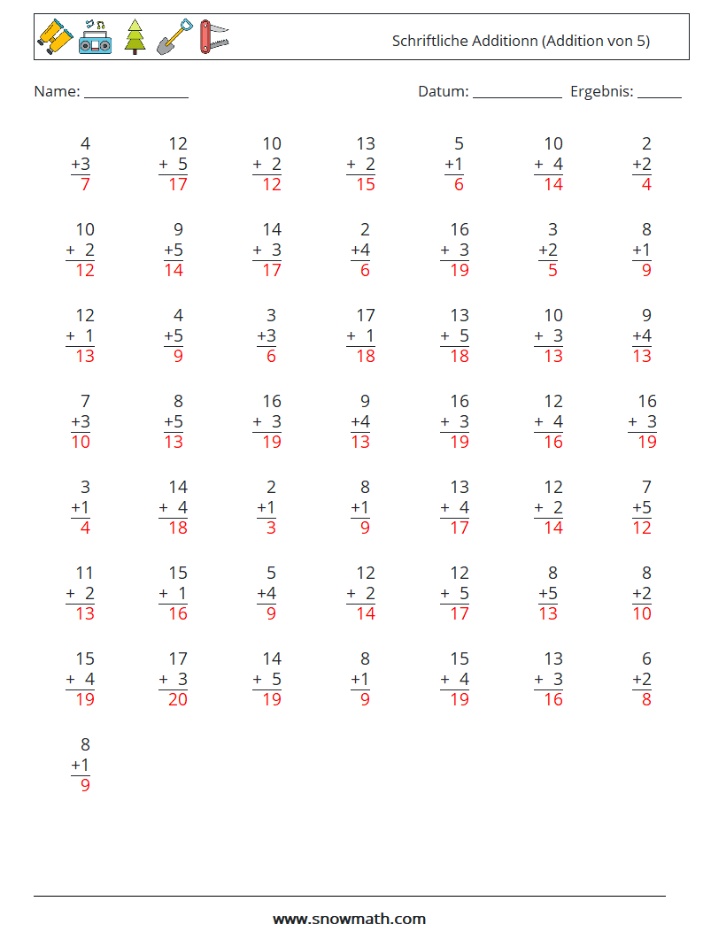 (50) Schriftliche Additionn (Addition von 5) Mathe-Arbeitsblätter 4 Frage, Antwort