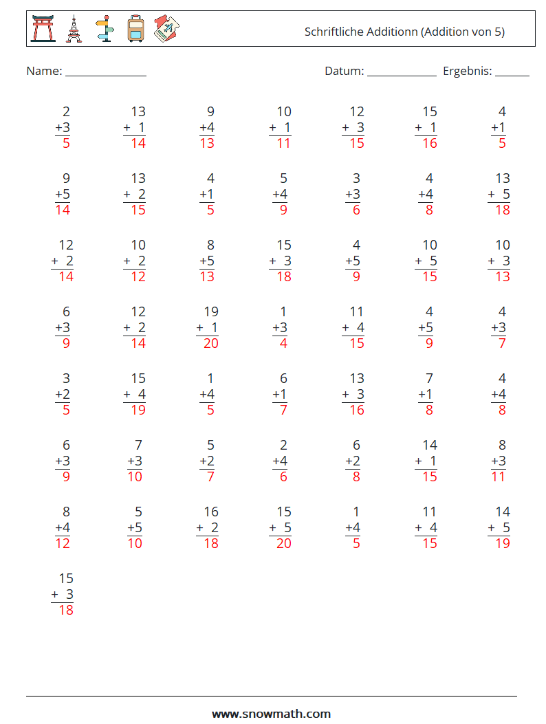 (50) Schriftliche Additionn (Addition von 5) Mathe-Arbeitsblätter 5 Frage, Antwort