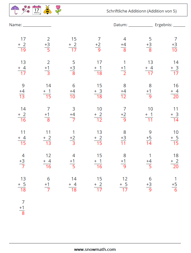 (50) Schriftliche Additionn (Addition von 5) Mathe-Arbeitsblätter 6 Frage, Antwort