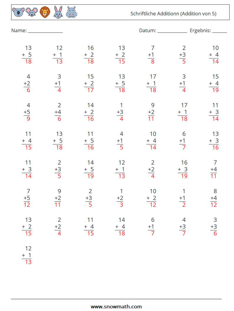 (50) Schriftliche Additionn (Addition von 5) Mathe-Arbeitsblätter 7 Frage, Antwort