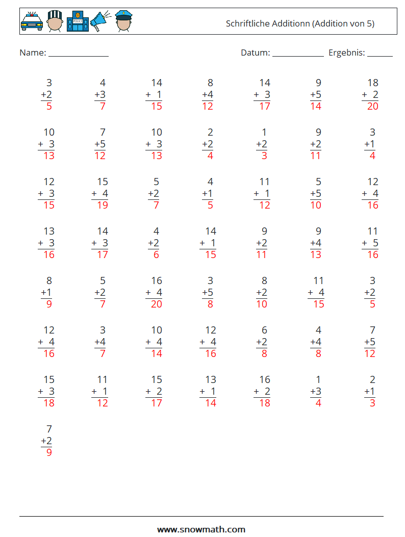 (50) Schriftliche Additionn (Addition von 5) Mathe-Arbeitsblätter 8 Frage, Antwort