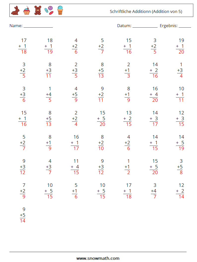 (50) Schriftliche Additionn (Addition von 5) Mathe-Arbeitsblätter 9 Frage, Antwort