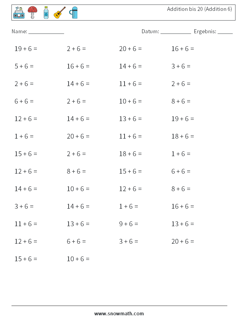 (50) Addition bis 20 (Addition 6) Mathe-Arbeitsblätter 1