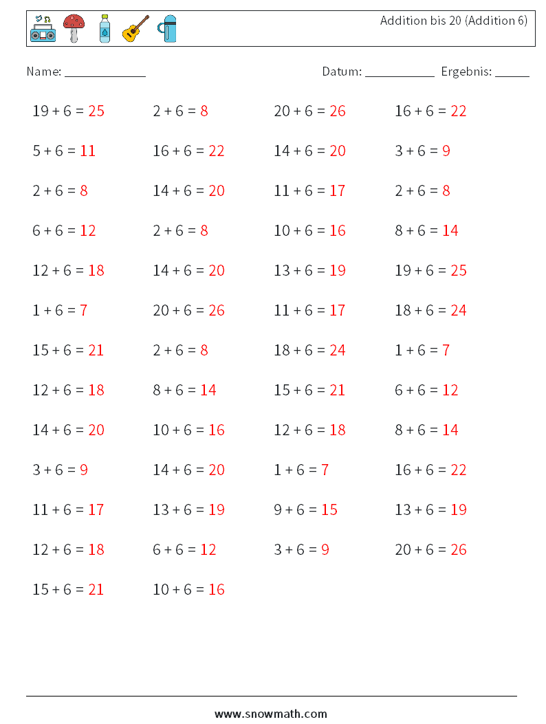 (50) Addition bis 20 (Addition 6) Mathe-Arbeitsblätter 1 Frage, Antwort