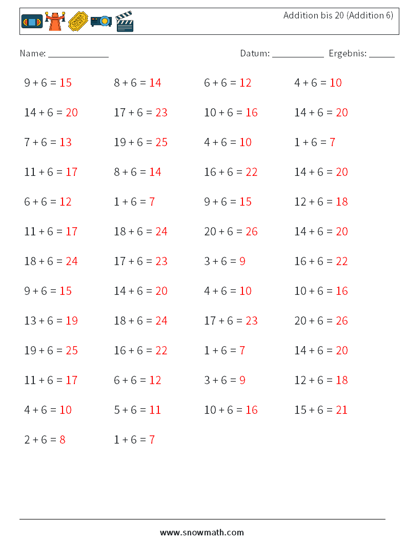 (50) Addition bis 20 (Addition 6) Mathe-Arbeitsblätter 2 Frage, Antwort
