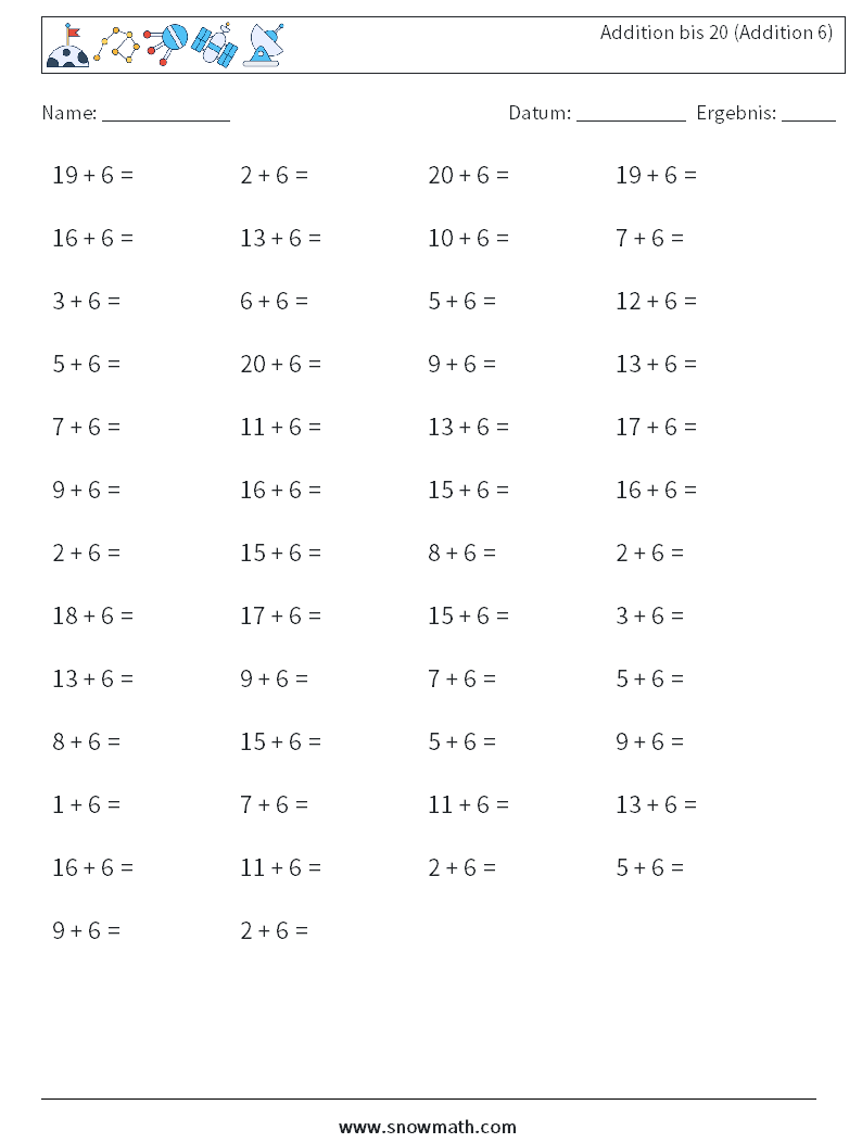 (50) Addition bis 20 (Addition 6) Mathe-Arbeitsblätter 3