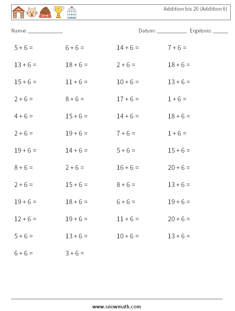 (50) Addition bis 20 (Addition 6) Mathe-Arbeitsblätter 4