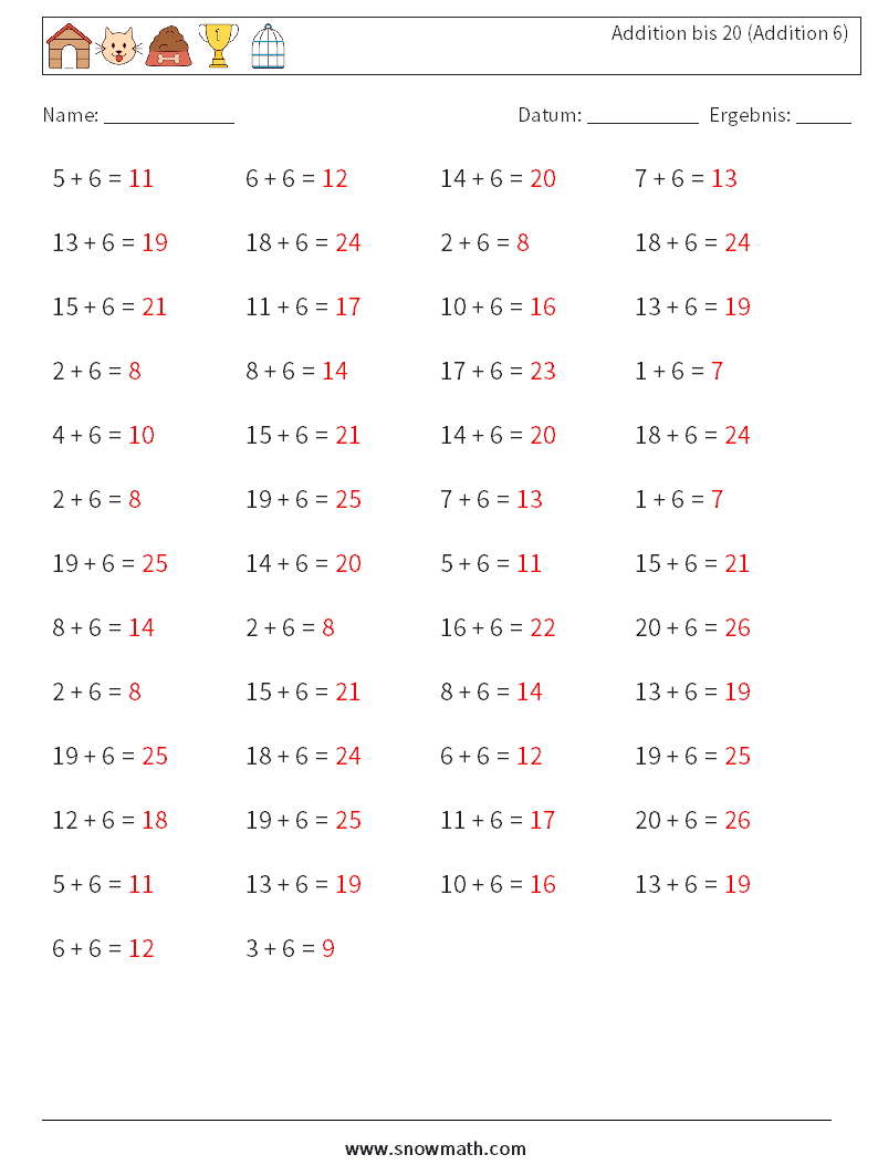 (50) Addition bis 20 (Addition 6) Mathe-Arbeitsblätter 4 Frage, Antwort