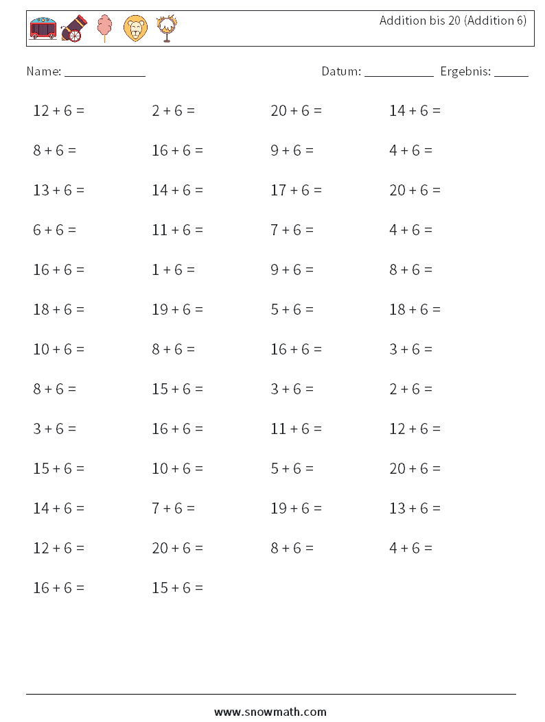 (50) Addition bis 20 (Addition 6) Mathe-Arbeitsblätter 6