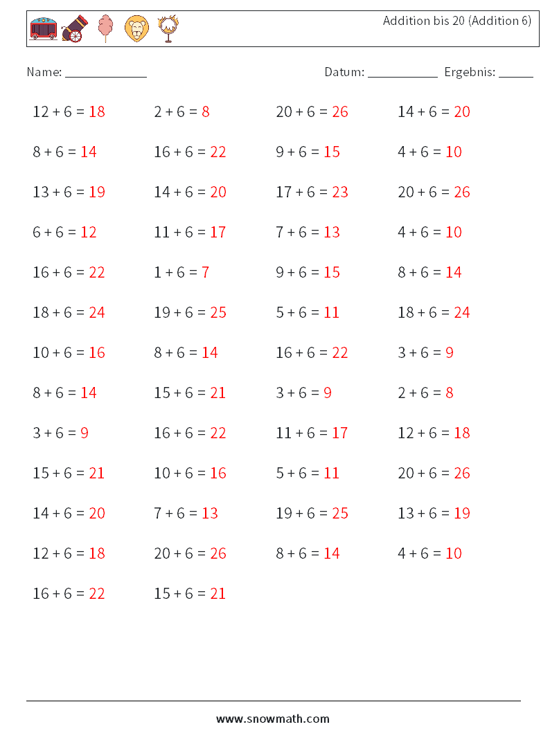 (50) Addition bis 20 (Addition 6) Mathe-Arbeitsblätter 6 Frage, Antwort