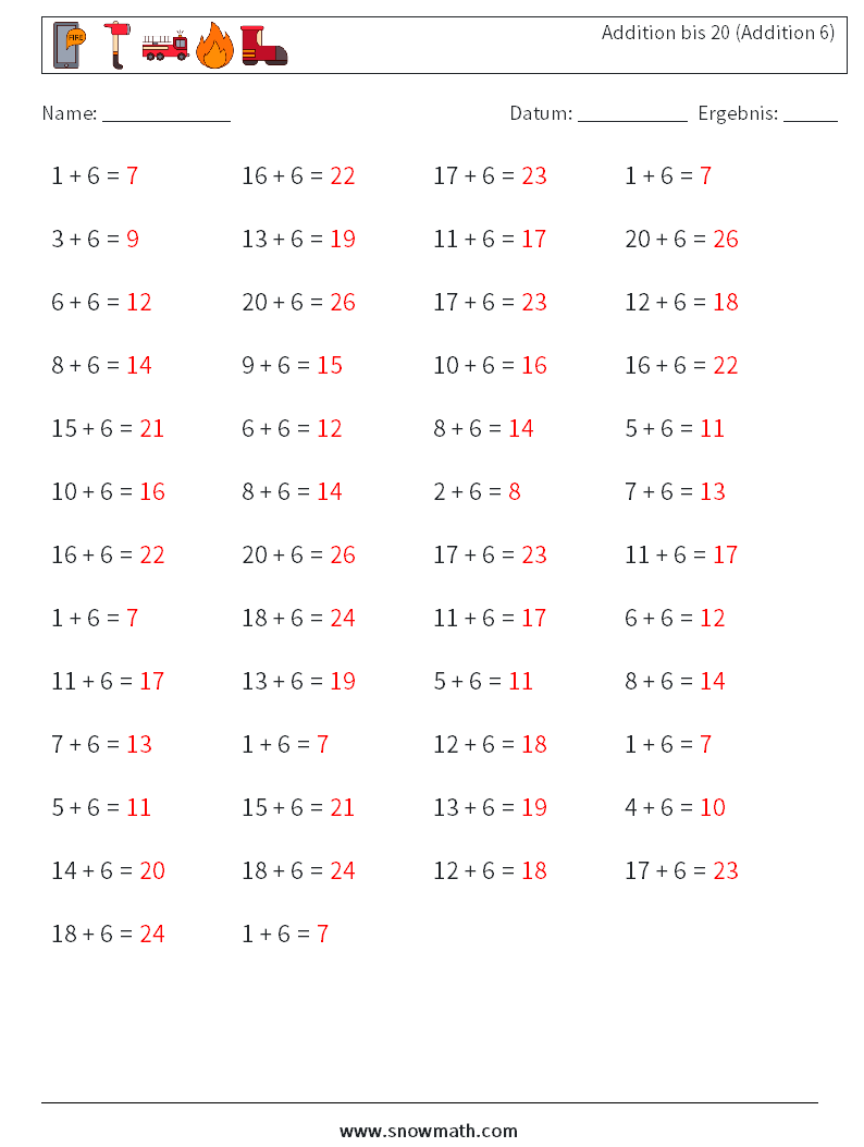 (50) Addition bis 20 (Addition 6) Mathe-Arbeitsblätter 7 Frage, Antwort