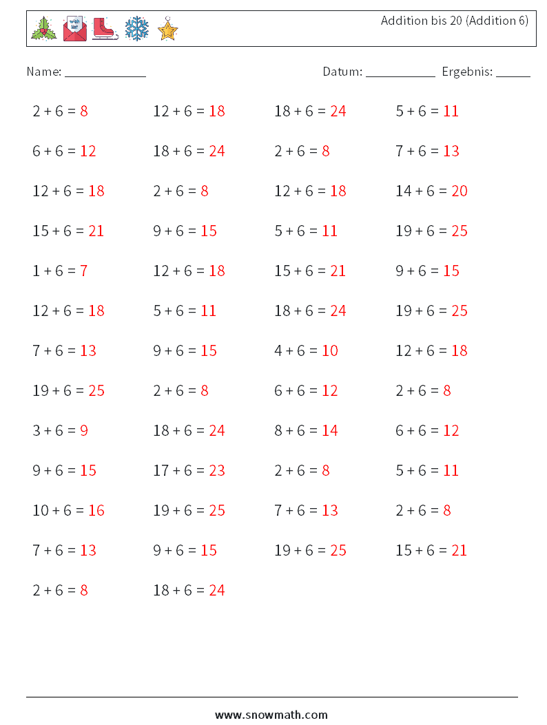 (50) Addition bis 20 (Addition 6) Mathe-Arbeitsblätter 8 Frage, Antwort