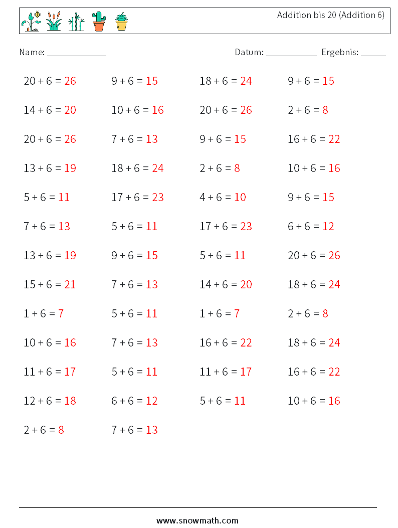 (50) Addition bis 20 (Addition 6) Mathe-Arbeitsblätter 9 Frage, Antwort