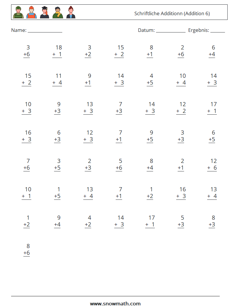 (50) Schriftliche Additionn (Addition 6) Mathe-Arbeitsblätter 1