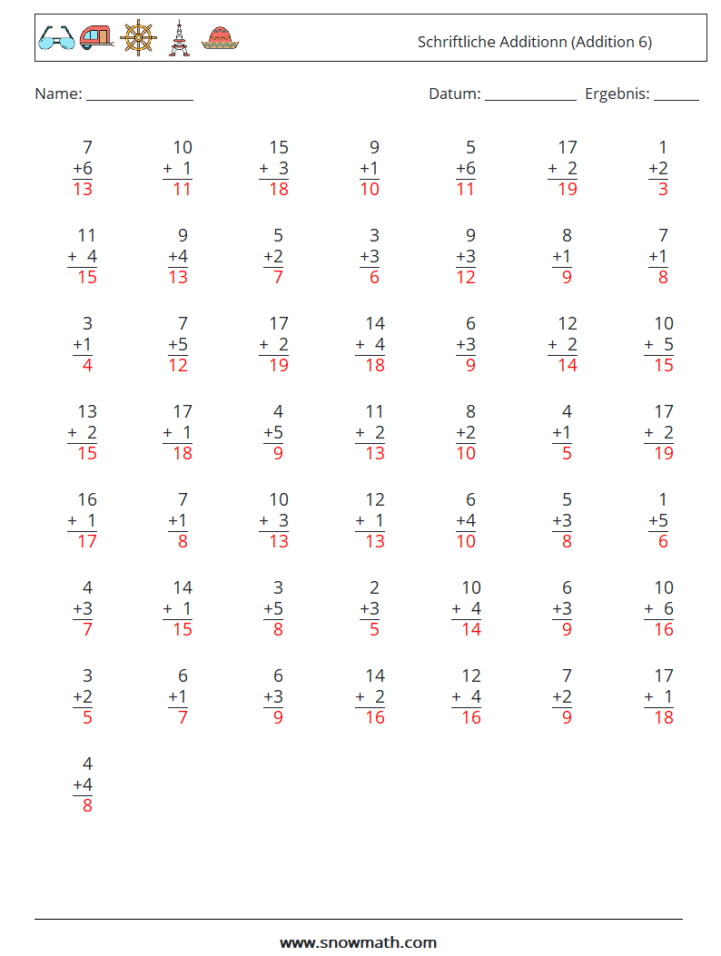 (50) Schriftliche Additionn (Addition 6) Mathe-Arbeitsblätter 12 Frage, Antwort