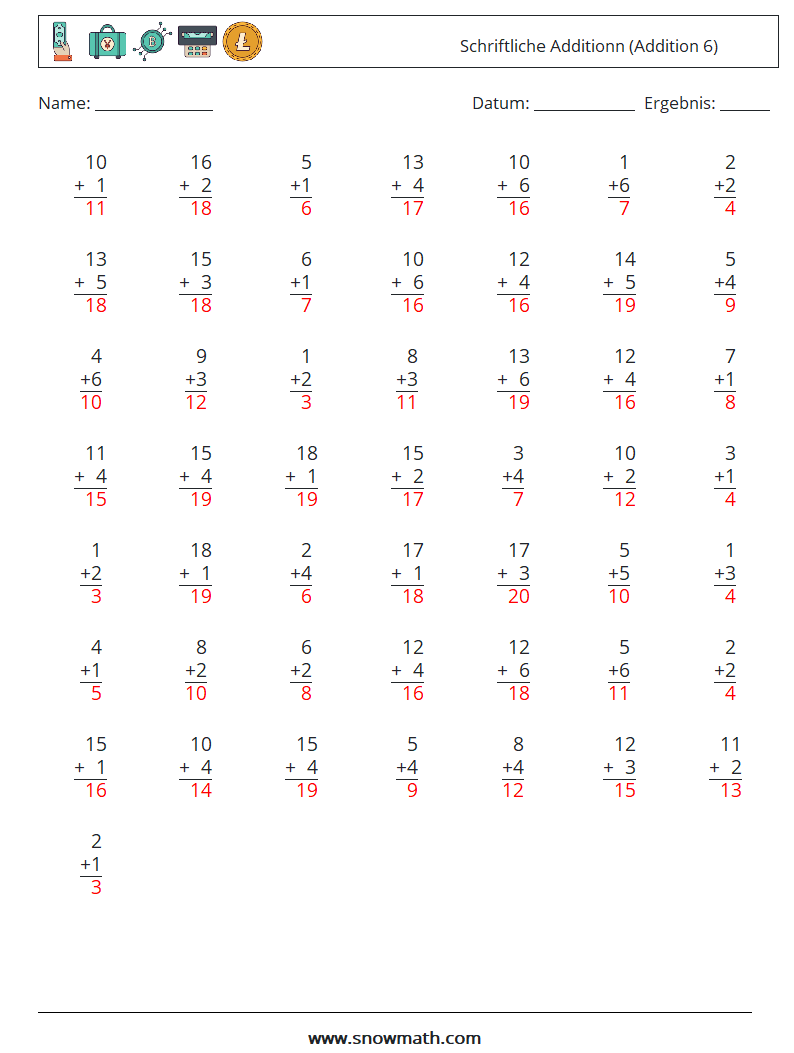 (50) Schriftliche Additionn (Addition 6) Mathe-Arbeitsblätter 13 Frage, Antwort