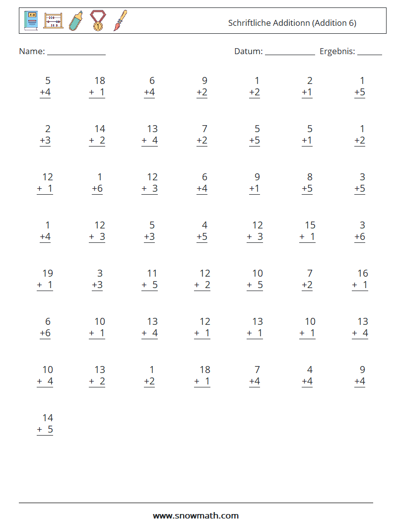 (50) Schriftliche Additionn (Addition 6) Mathe-Arbeitsblätter 14