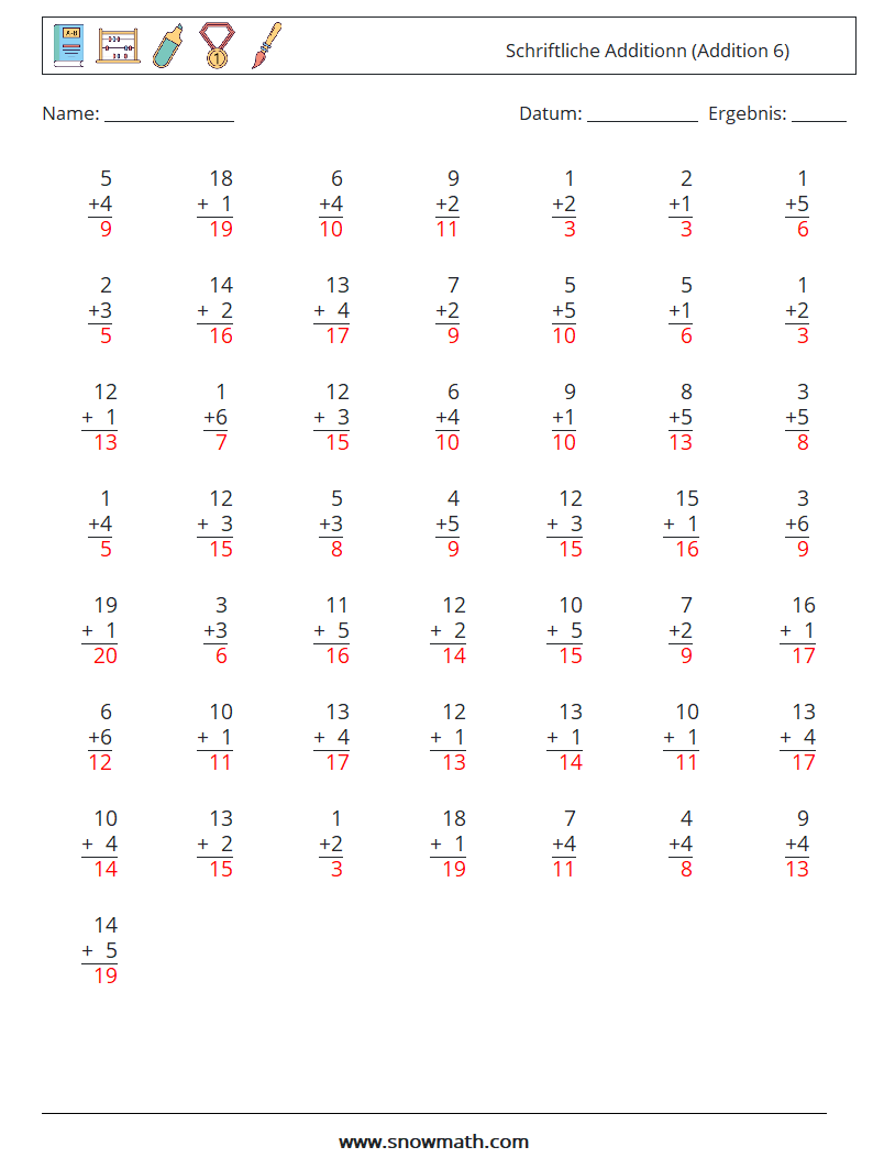 (50) Schriftliche Additionn (Addition 6) Mathe-Arbeitsblätter 14 Frage, Antwort