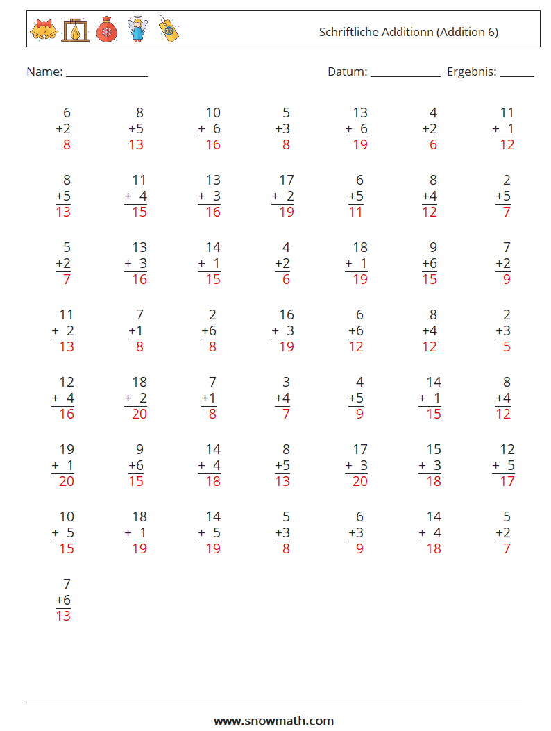 (50) Schriftliche Additionn (Addition 6) Mathe-Arbeitsblätter 16 Frage, Antwort