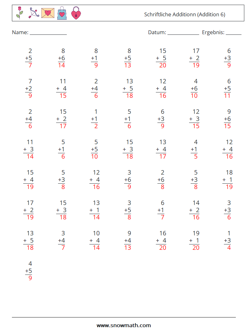 (50) Schriftliche Additionn (Addition 6) Mathe-Arbeitsblätter 17 Frage, Antwort