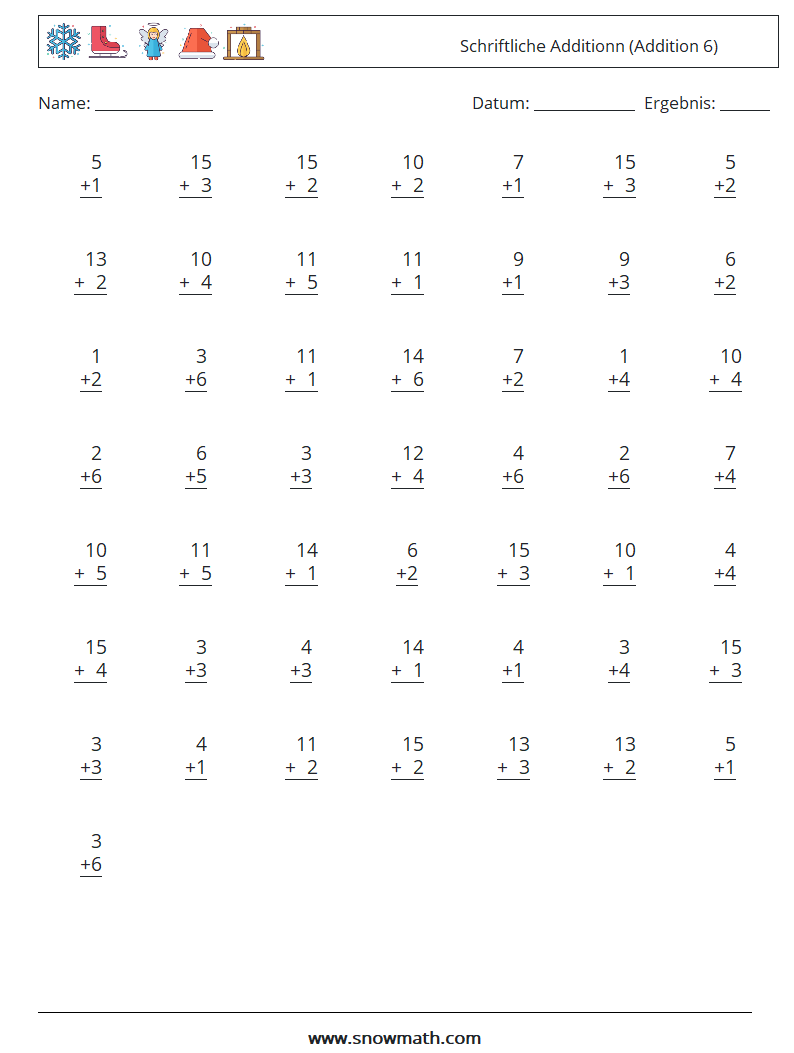 (50) Schriftliche Additionn (Addition 6) Mathe-Arbeitsblätter 18