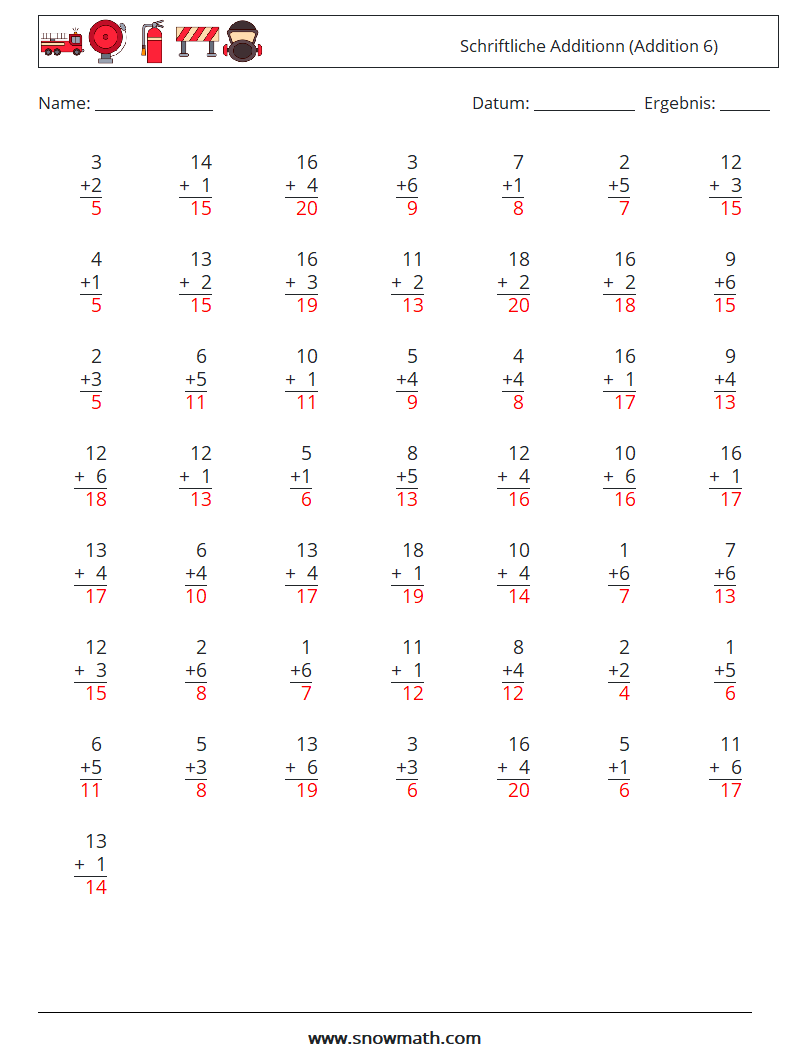 (50) Schriftliche Additionn (Addition 6) Mathe-Arbeitsblätter 2 Frage, Antwort