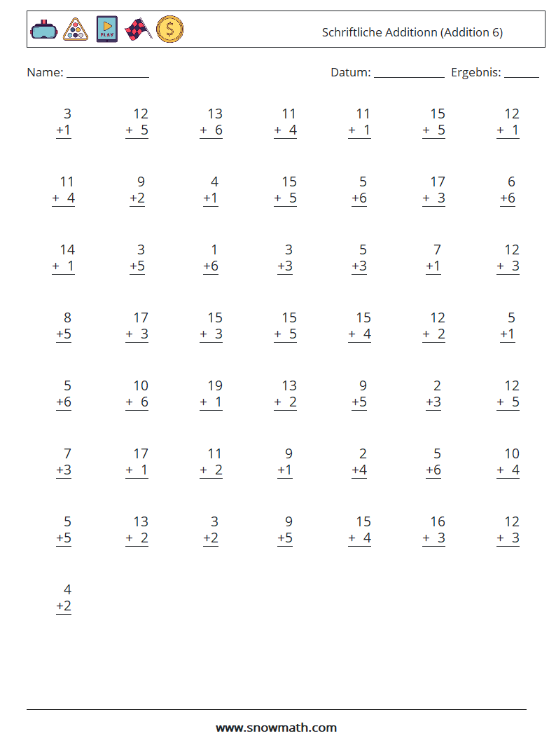 (50) Schriftliche Additionn (Addition 6) Mathe-Arbeitsblätter 3