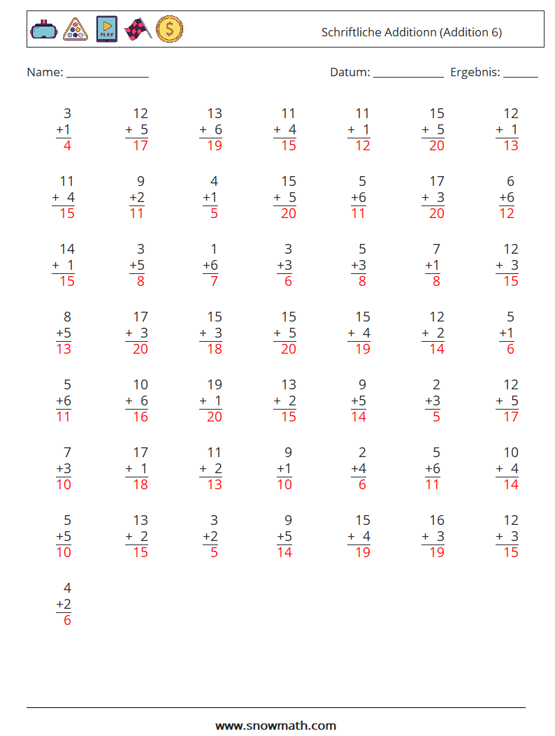 (50) Schriftliche Additionn (Addition 6) Mathe-Arbeitsblätter 3 Frage, Antwort