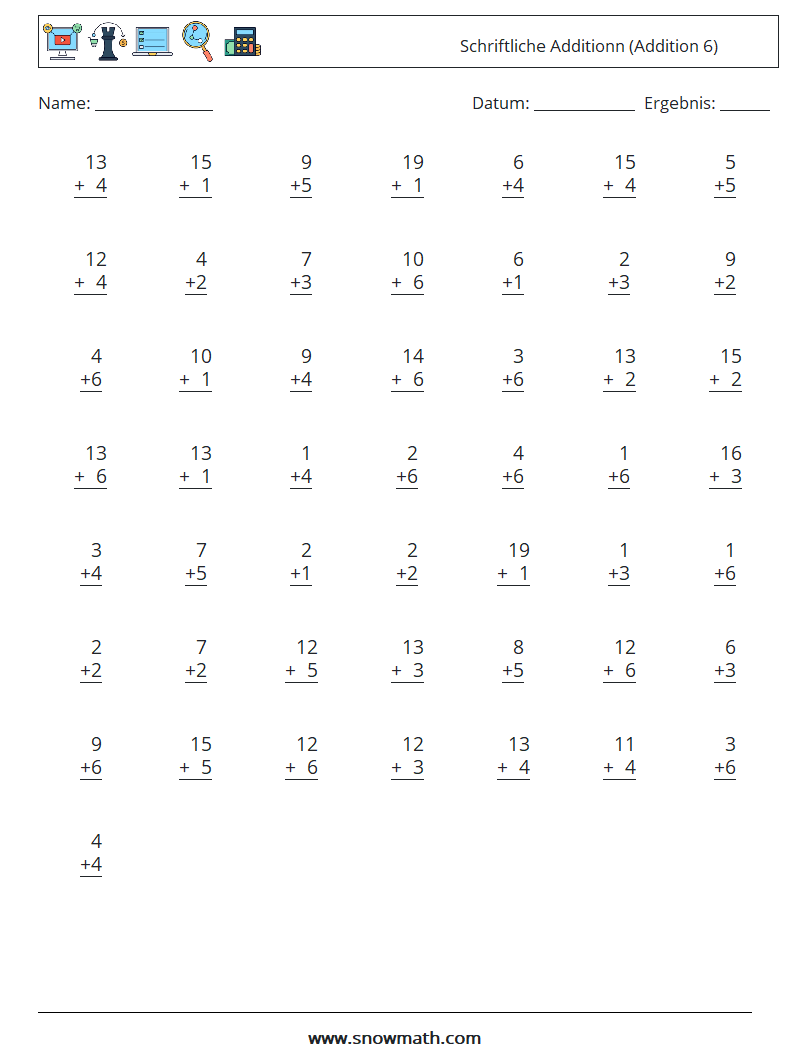 (50) Schriftliche Additionn (Addition 6) Mathe-Arbeitsblätter 4