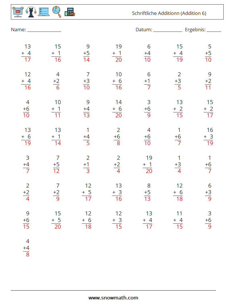 (50) Schriftliche Additionn (Addition 6) Mathe-Arbeitsblätter 4 Frage, Antwort