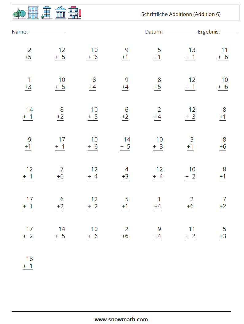 (50) Schriftliche Additionn (Addition 6) Mathe-Arbeitsblätter 5