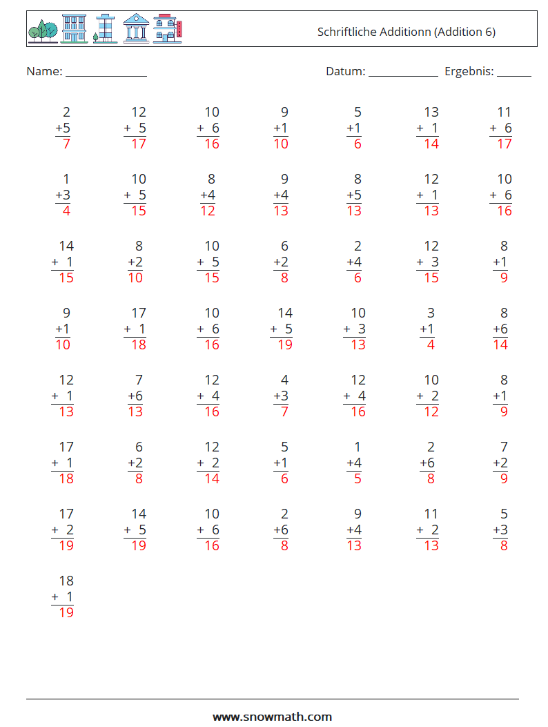 (50) Schriftliche Additionn (Addition 6) Mathe-Arbeitsblätter 5 Frage, Antwort