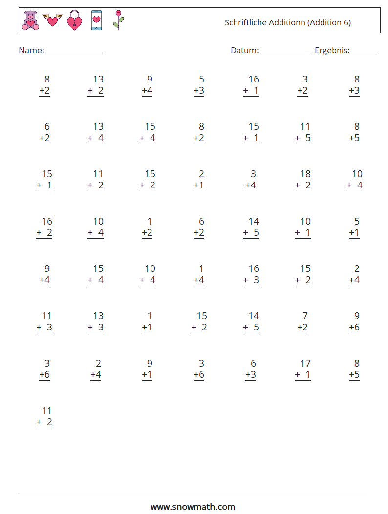 (50) Schriftliche Additionn (Addition 6) Mathe-Arbeitsblätter 6
