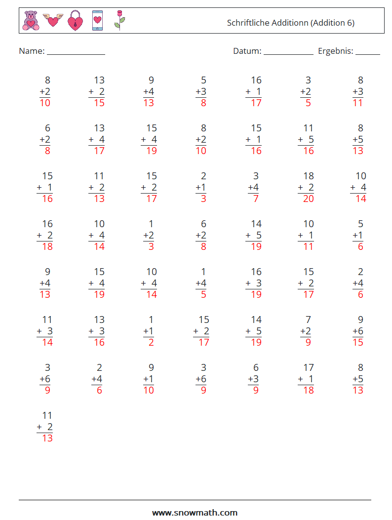 (50) Schriftliche Additionn (Addition 6) Mathe-Arbeitsblätter 6 Frage, Antwort