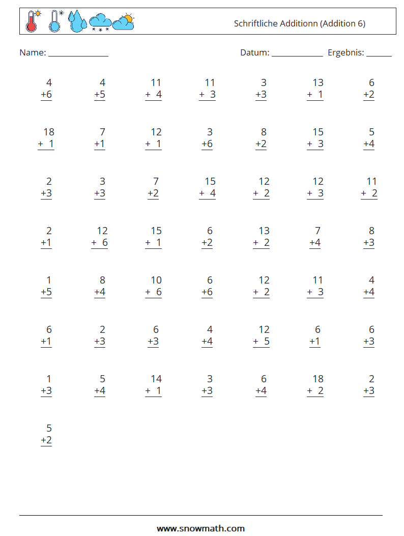 (50) Schriftliche Additionn (Addition 6) Mathe-Arbeitsblätter 7