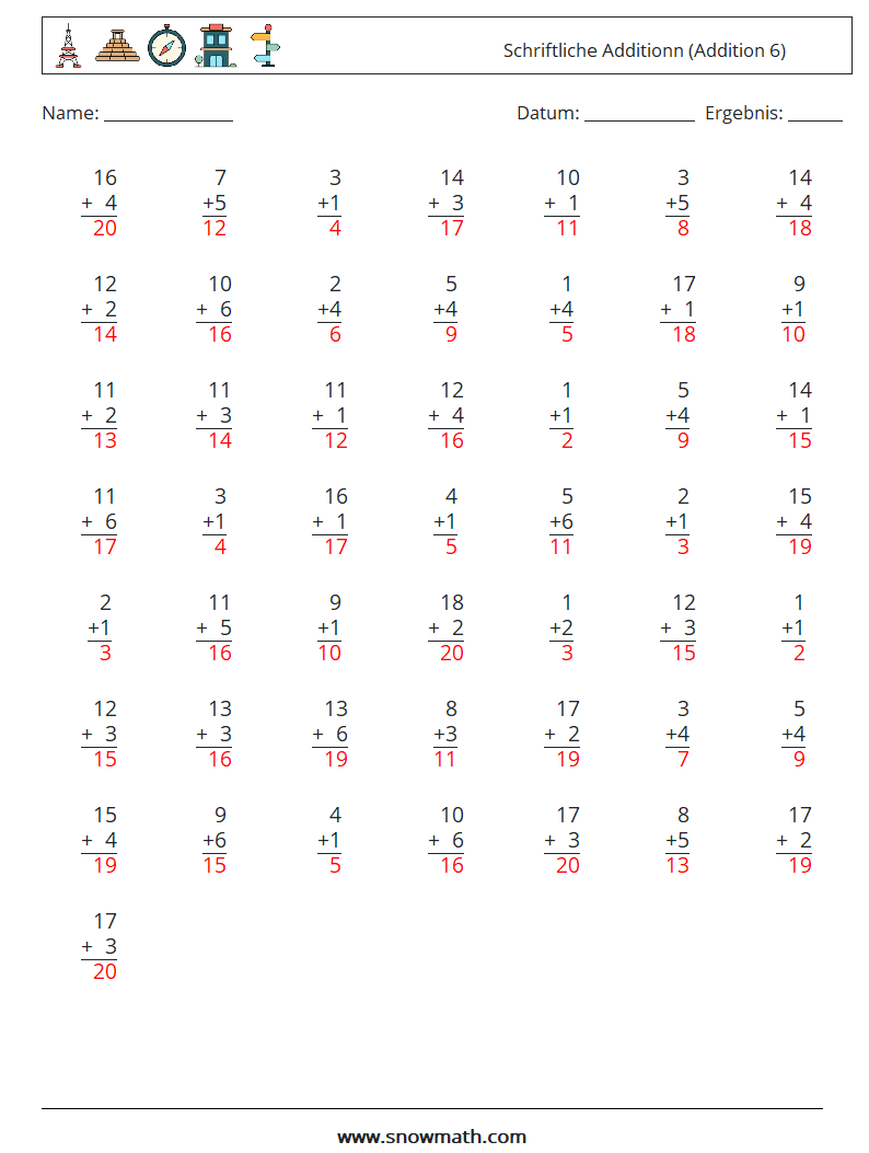 (50) Schriftliche Additionn (Addition 6) Mathe-Arbeitsblätter 8 Frage, Antwort