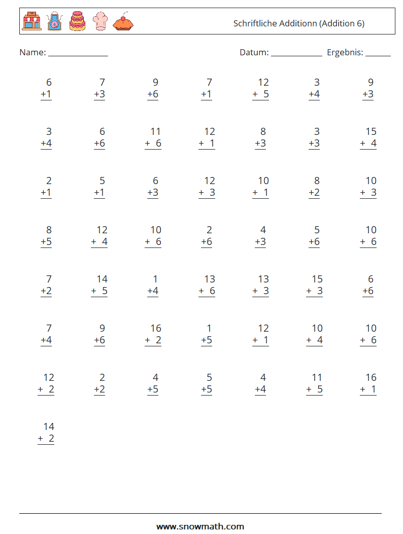 (50) Schriftliche Additionn (Addition 6) Mathe-Arbeitsblätter 9