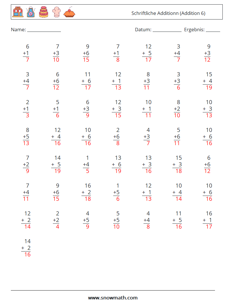 (50) Schriftliche Additionn (Addition 6) Mathe-Arbeitsblätter 9 Frage, Antwort