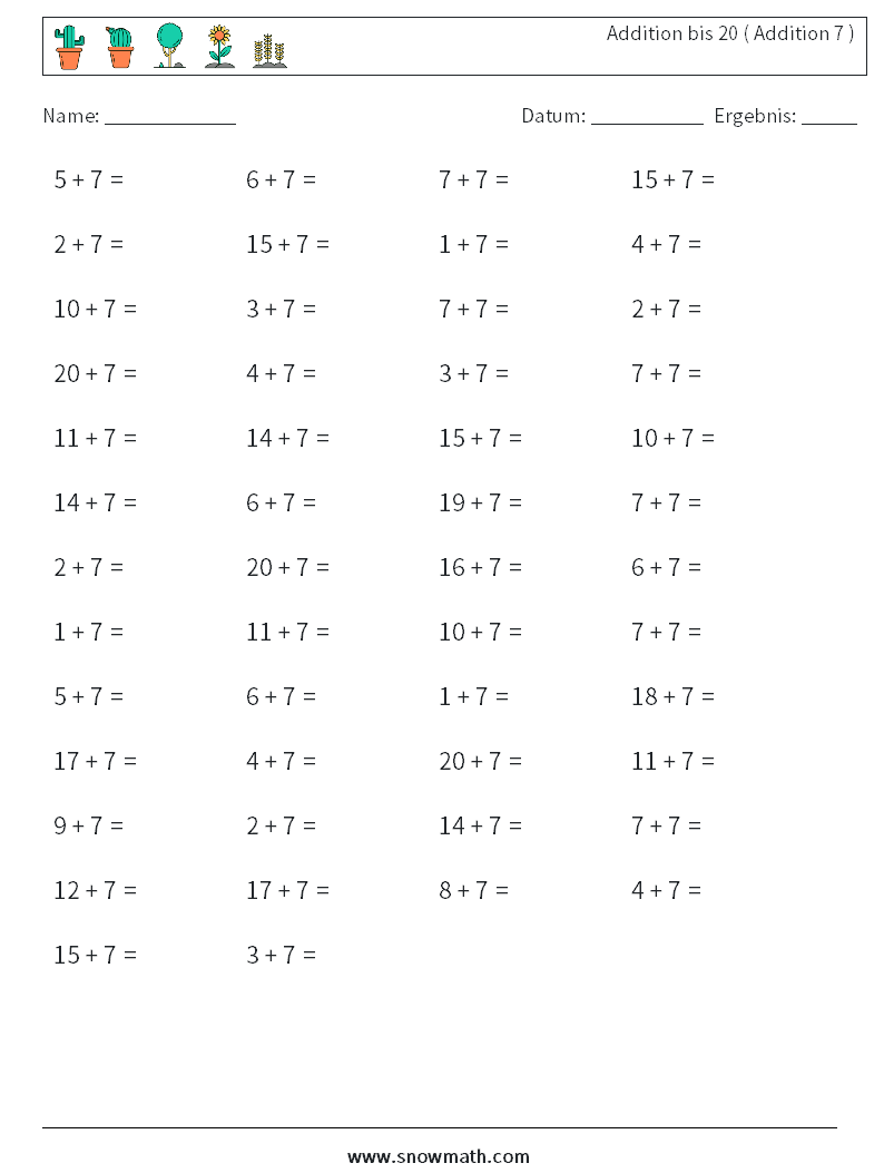 (50) Addition bis 20 ( Addition 7 ) Mathe-Arbeitsblätter 1