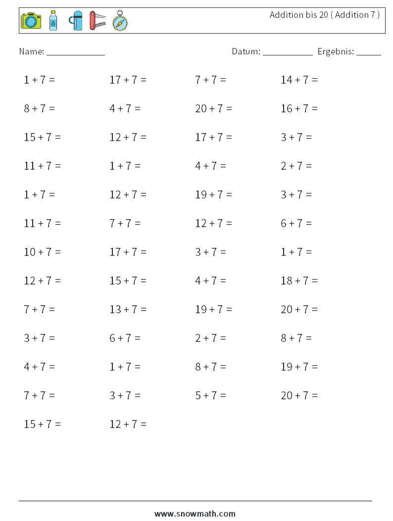 (50) Addition bis 20 ( Addition 7 ) Mathe-Arbeitsblätter 2