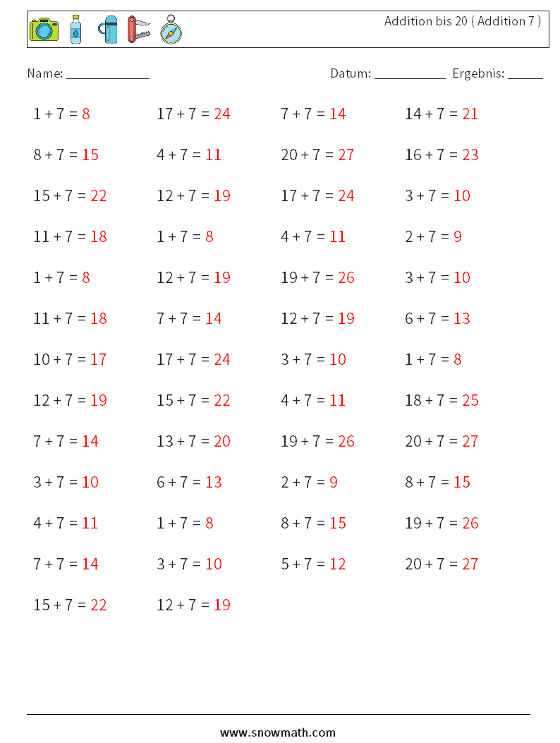 (50) Addition bis 20 ( Addition 7 ) Mathe-Arbeitsblätter 2 Frage, Antwort