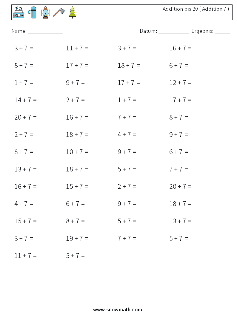 (50) Addition bis 20 ( Addition 7 ) Mathe-Arbeitsblätter 6