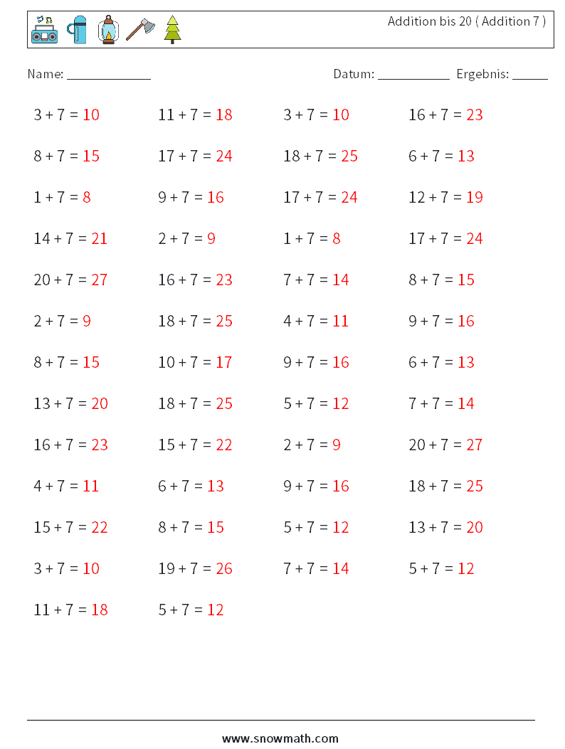 (50) Addition bis 20 ( Addition 7 ) Mathe-Arbeitsblätter 6 Frage, Antwort